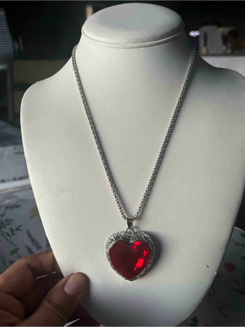 Fashion Jewelry Silver-Tone Necklace with Red Heart Pendant